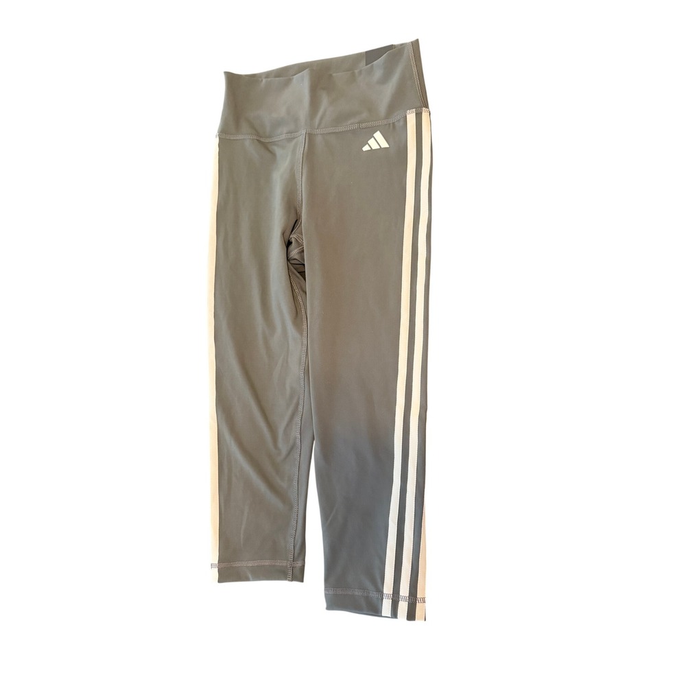 Adidas Kids Gray 3/4 Training Leggings High Rise Tight Fit 3-Stripe Size S